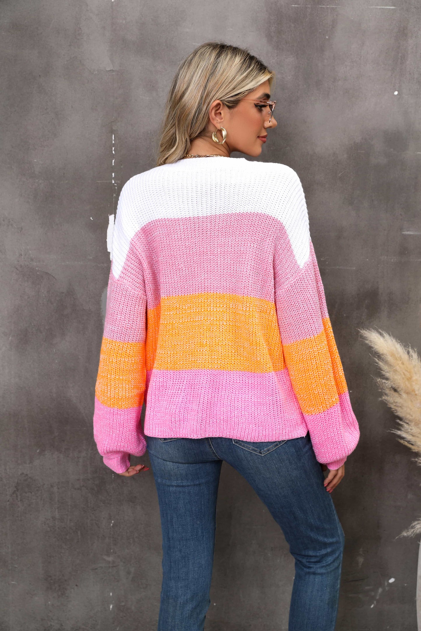 Angel Wings Color Block Round Neck Dropped Shoulder Sweater