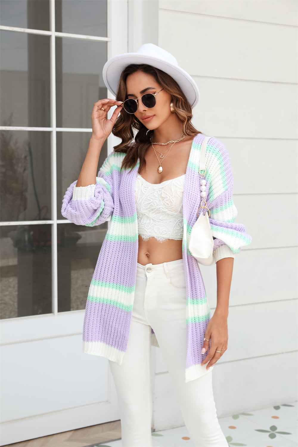 Angel Wings Color Block Ribbed Dropped Shoulder Open Front Cardigan