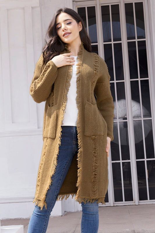 Fringe Trim Open Front Cardigan with Pockets