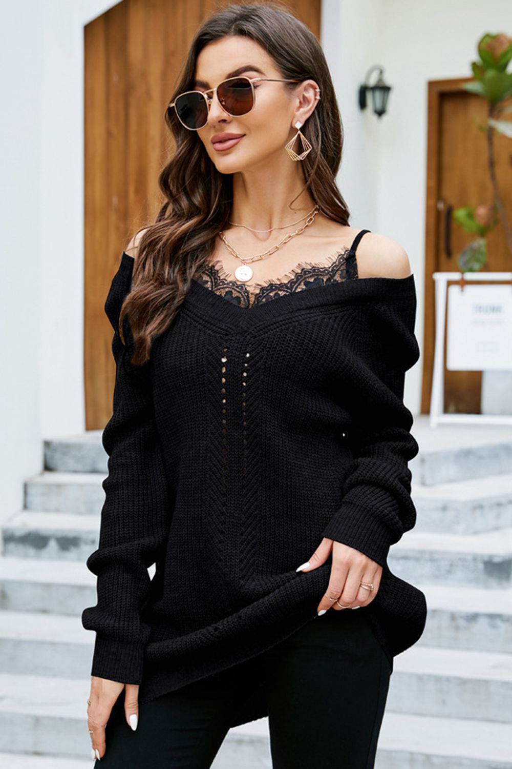 Openwork V-Neck Long Sleeve Sweater