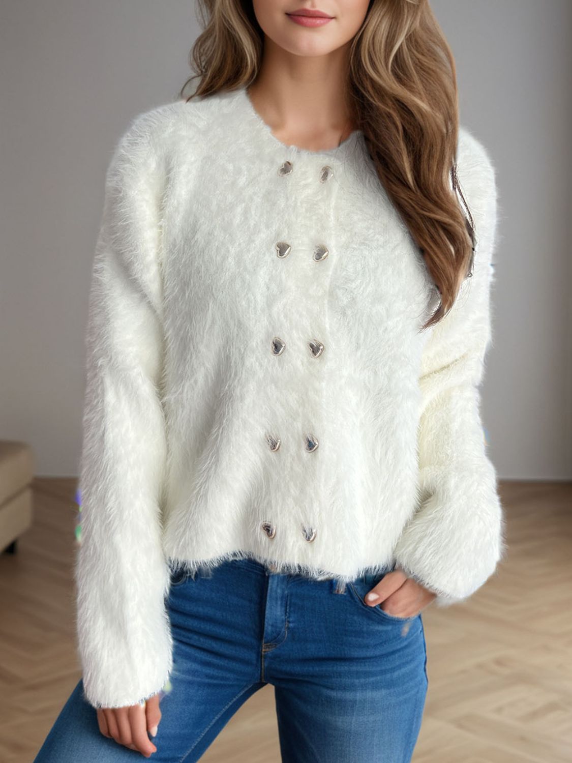 Heart Button Round Neck Cardigan