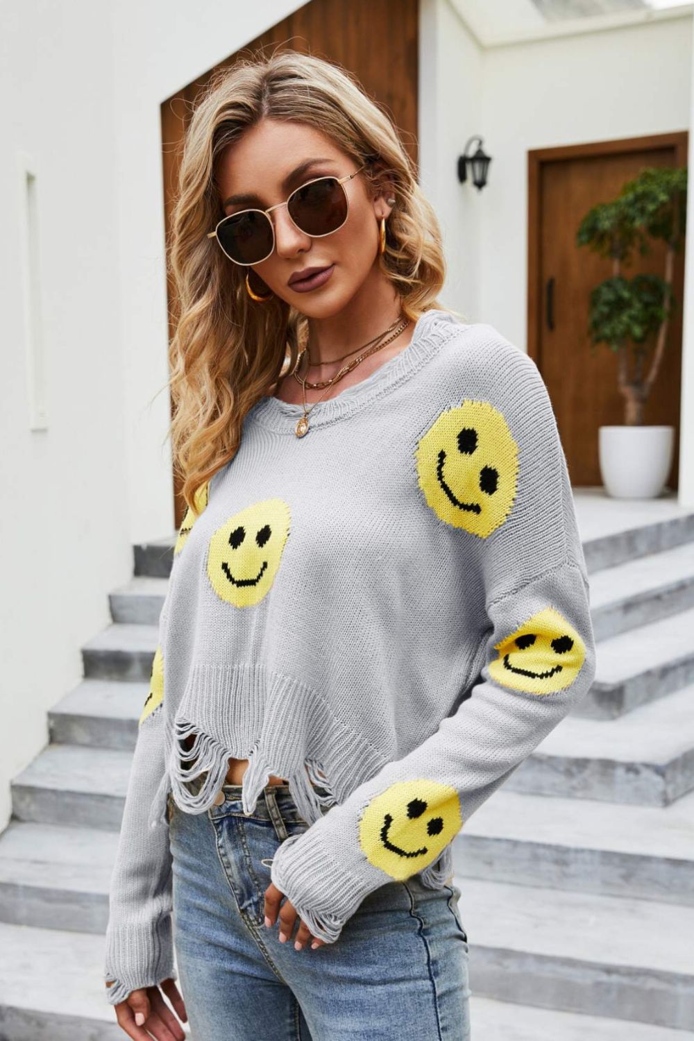 Smiley Face Distressed Round Neck Sweater