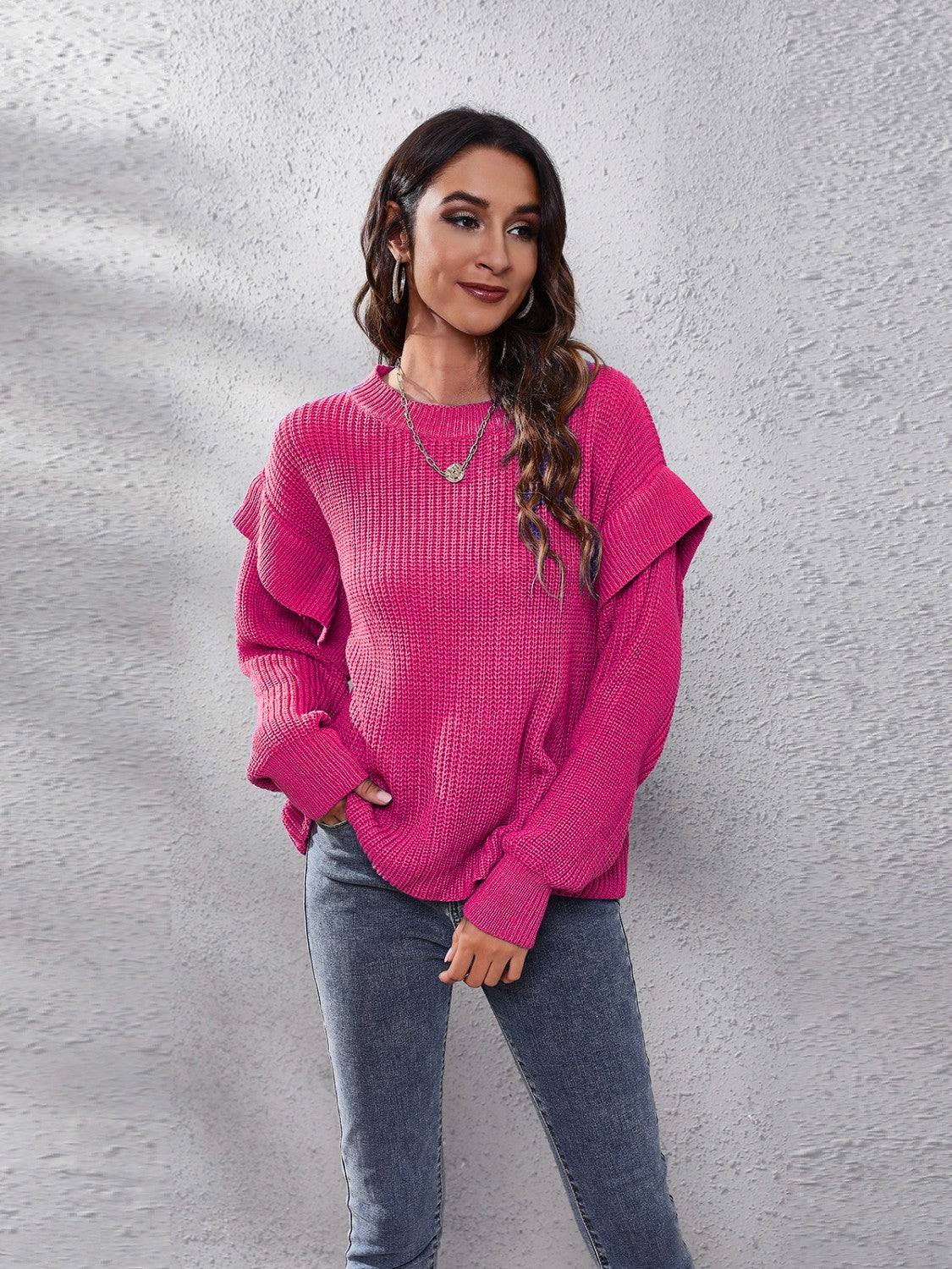 Ruffled Round Neck Dropped Shoulder Sweater