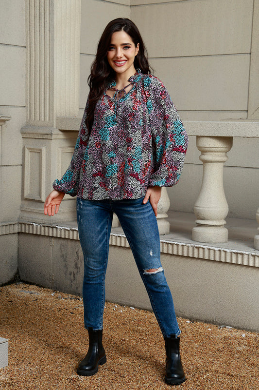 Tie Neck Heathered Balloon Sleeve Blouse