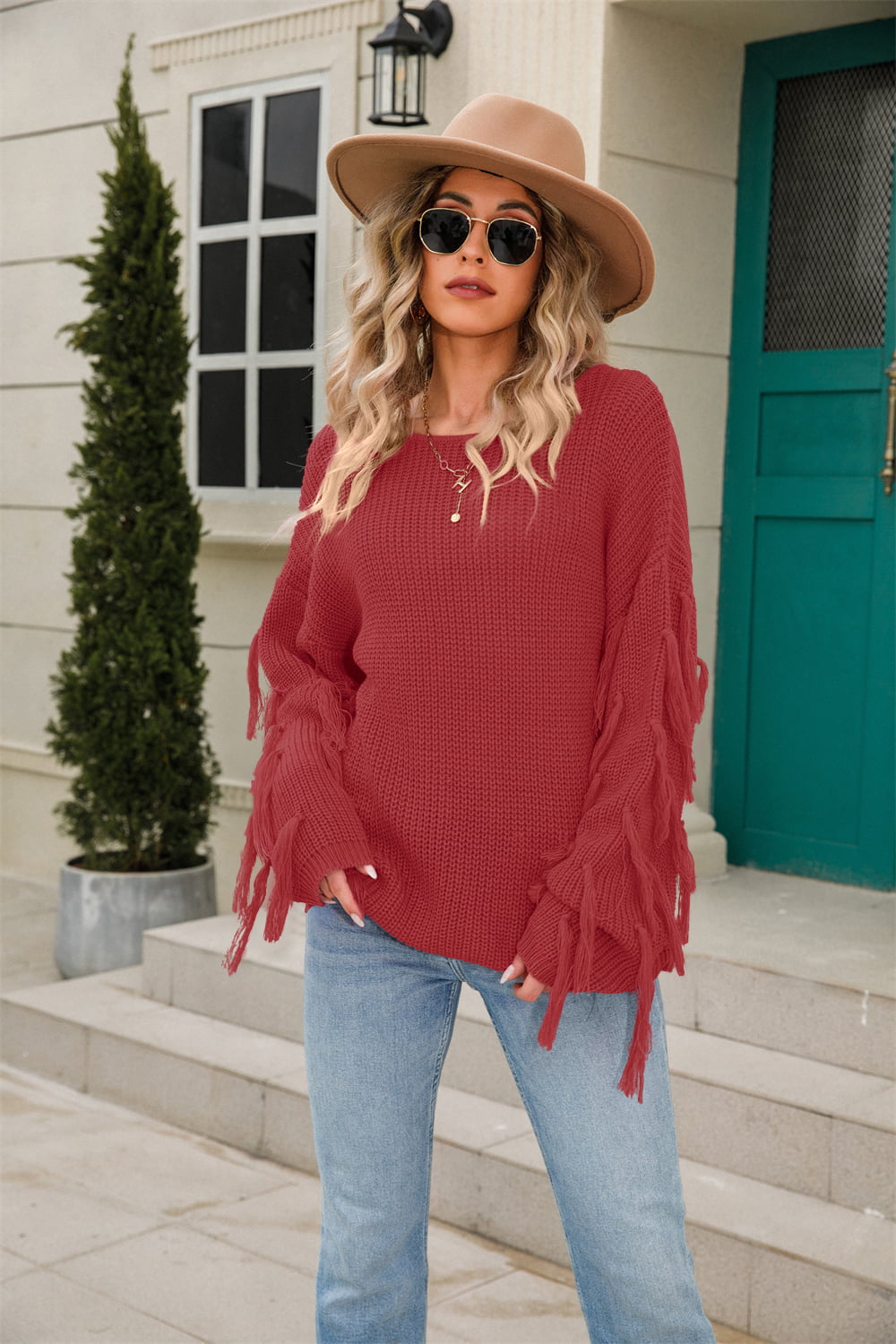 Angel Wings Ribbed Round Neck Fringe Detail Sweater