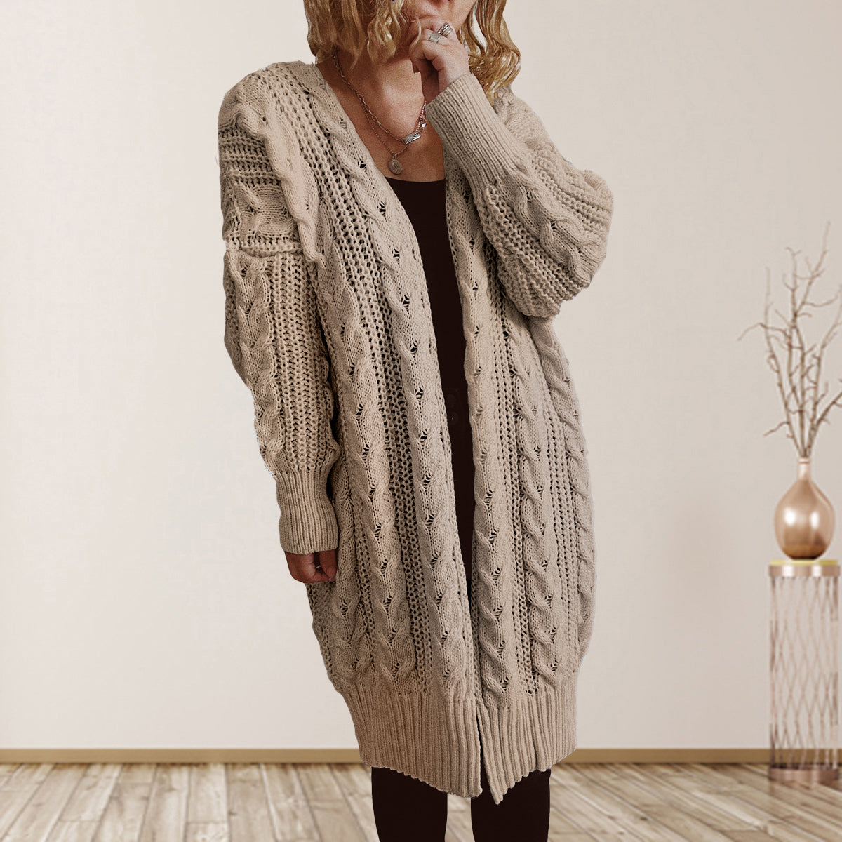 Cable-Knit Open Front Dropped Shoulder Cardigan