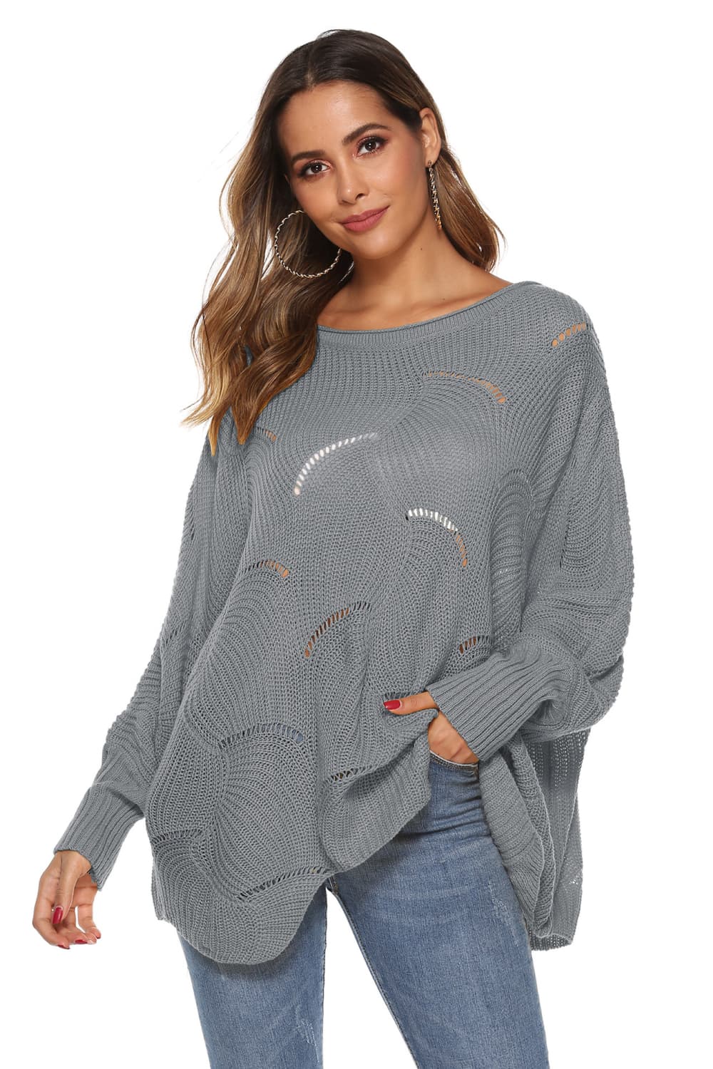 Round Neck Long Sleeve Openwork Sweater