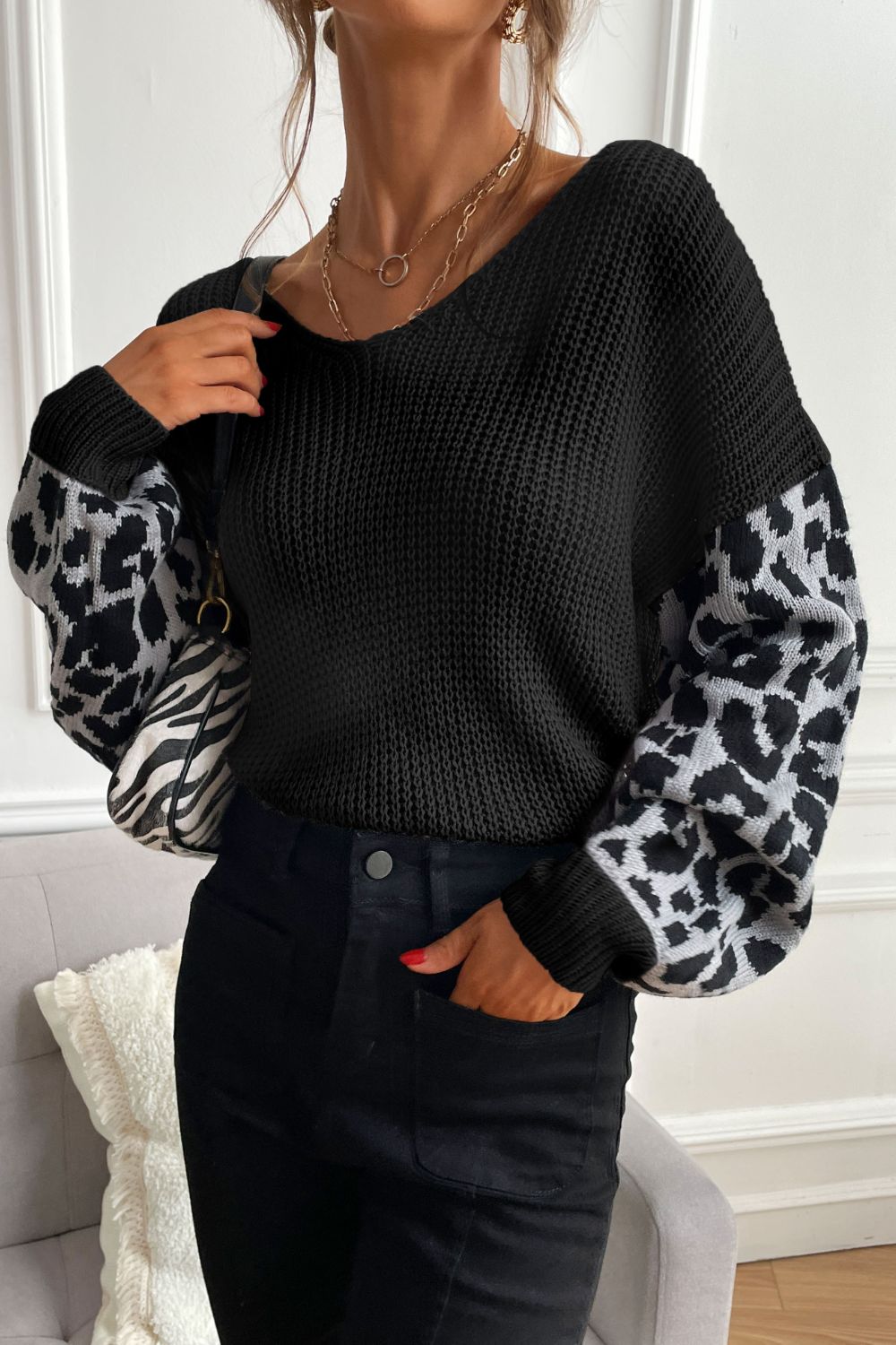 Perfee Leopard Sleeve Dropped Shoulder Sweater