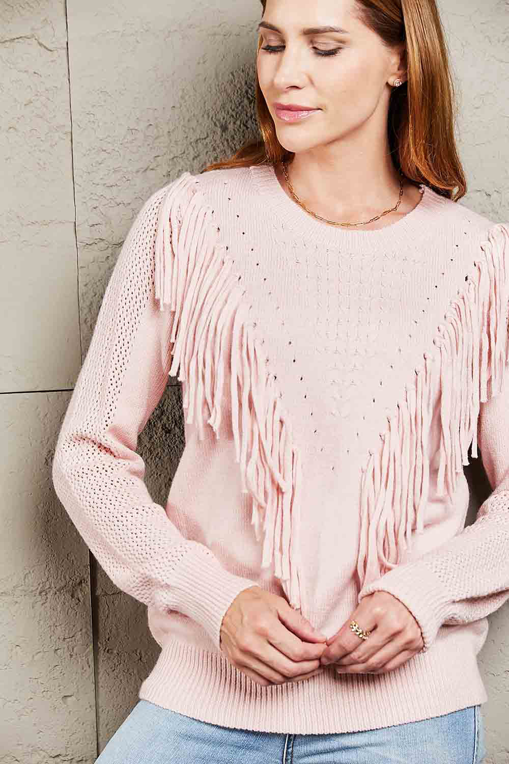 Fringe Detail Ribbed Trim Sweater