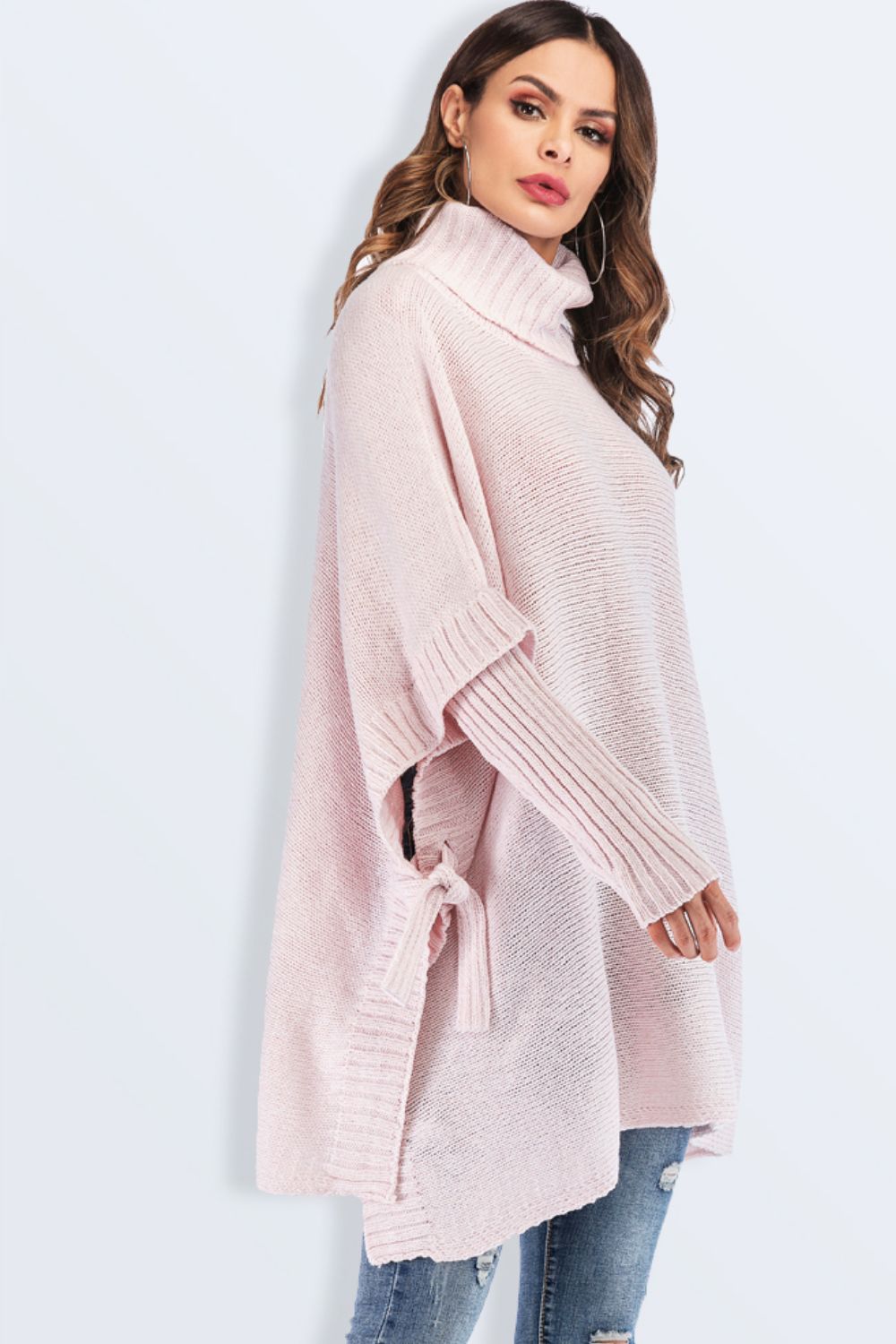 Tied Turtleneck Asymmetrical Hem Sweater