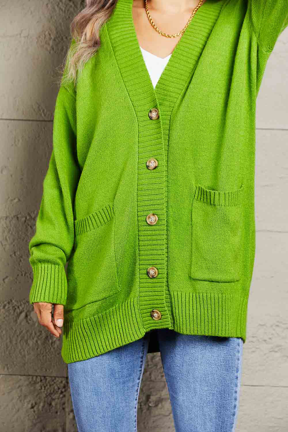 Ribbed Trim Dropped Shoulder Pocketed Cardigan