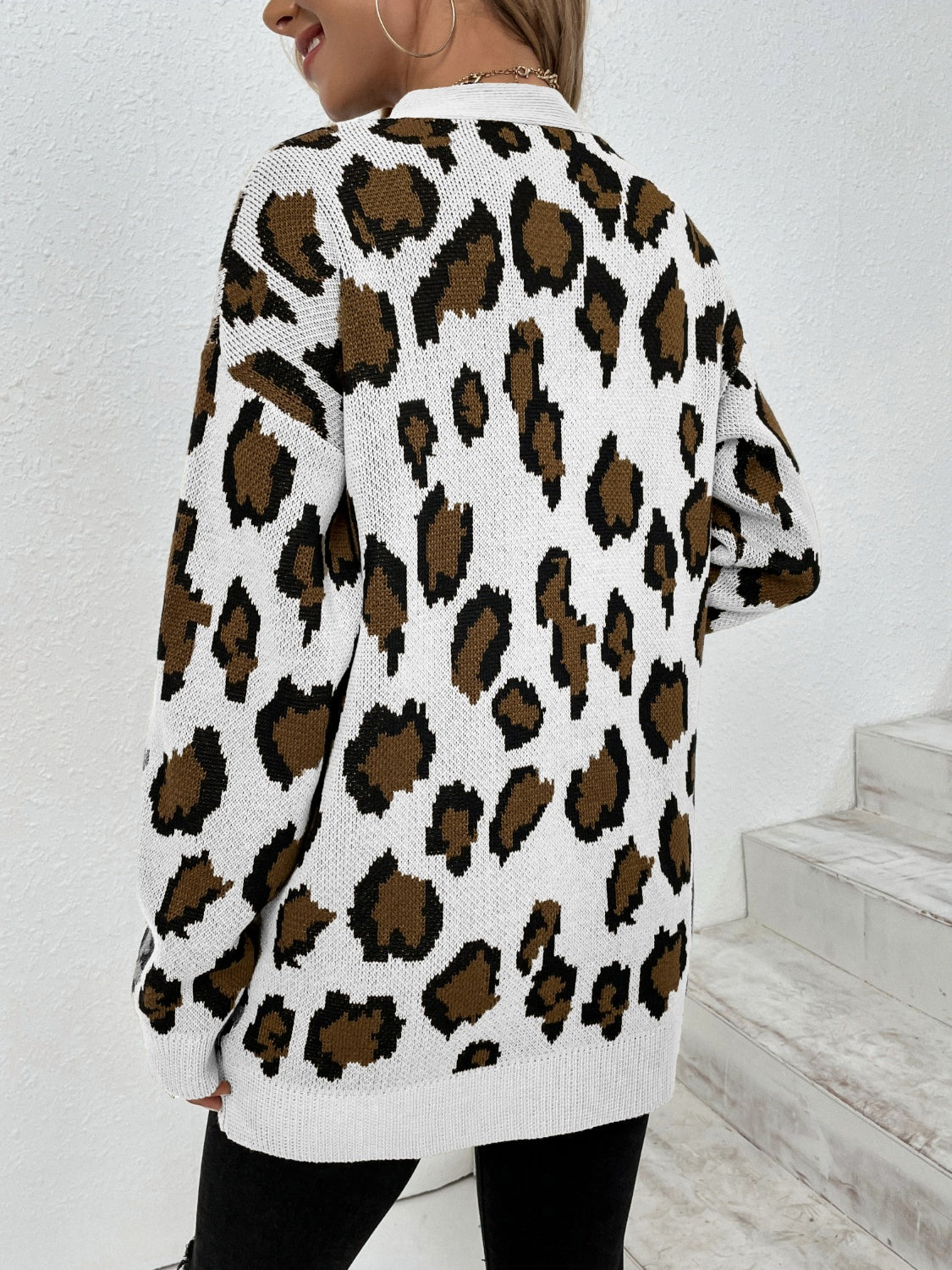 Leopard Open Front Dropped Shoulder Cardigan