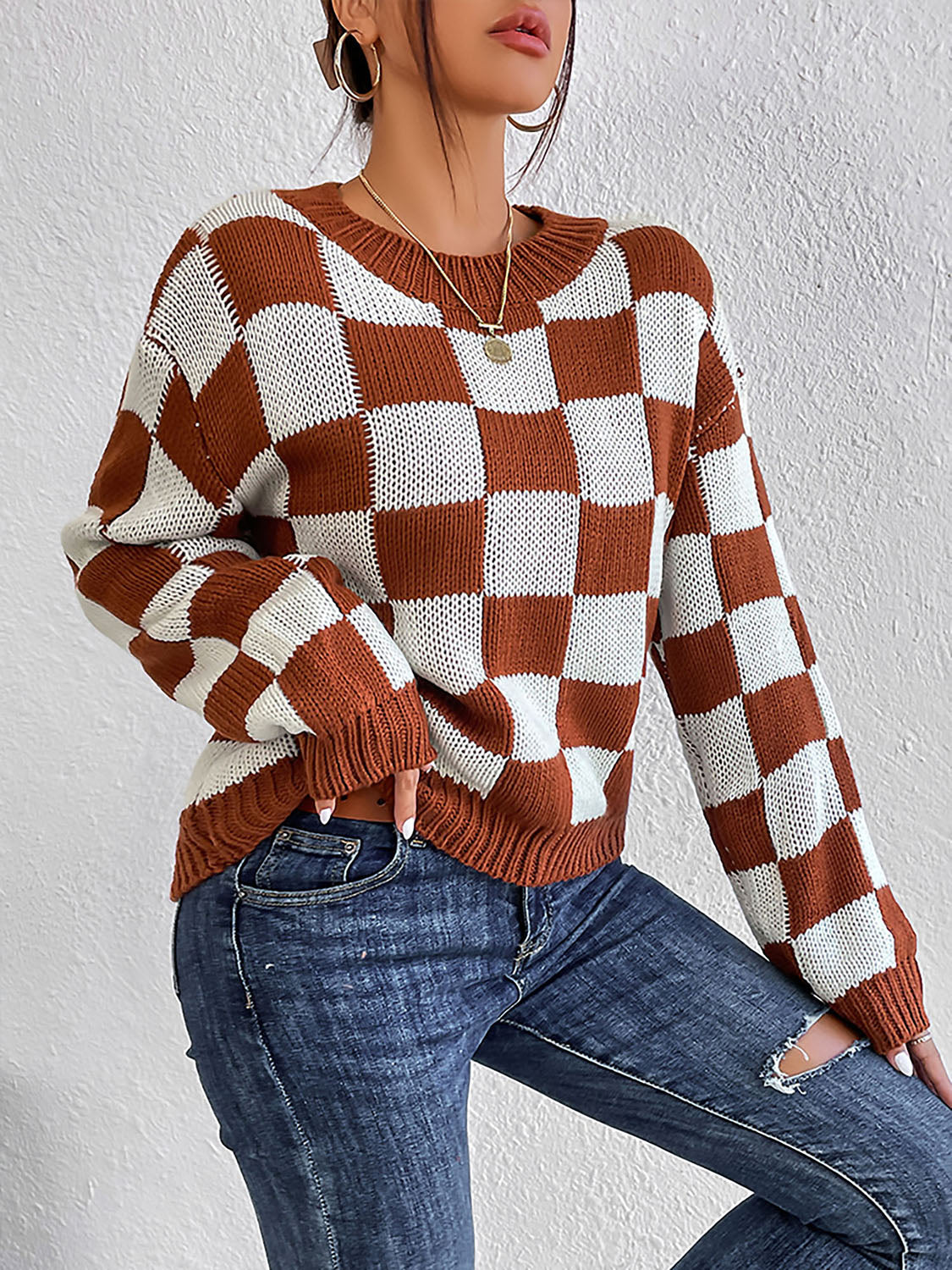 Checkered Round Neck Sweater