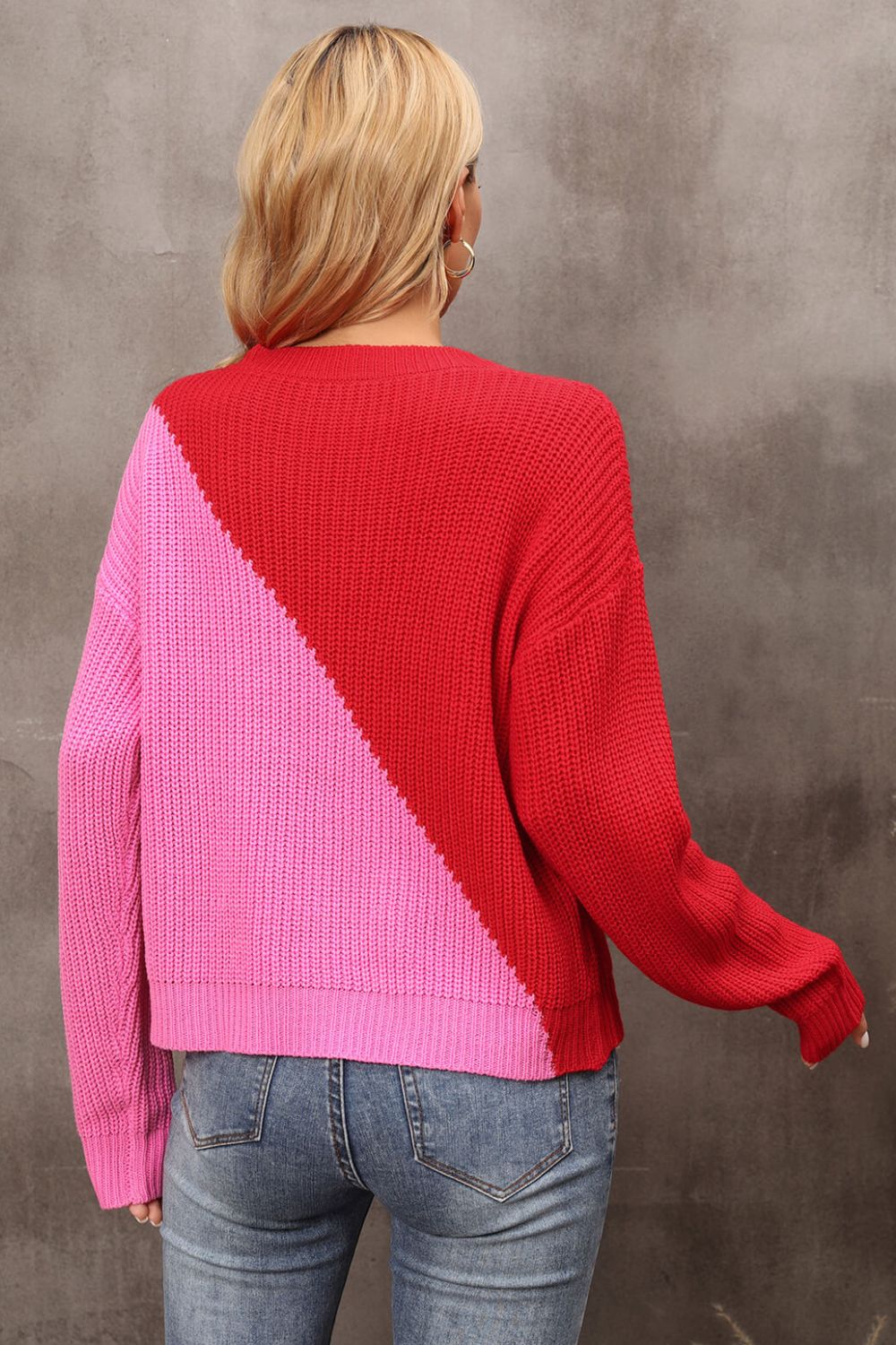 Angel Wings Two-Tone Round Neck Dropped Shoulder Sweater