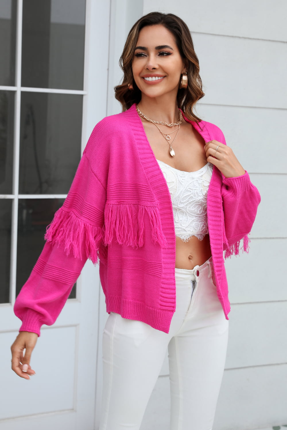 Angel Wings Fringe Trim Open Front Cardigan