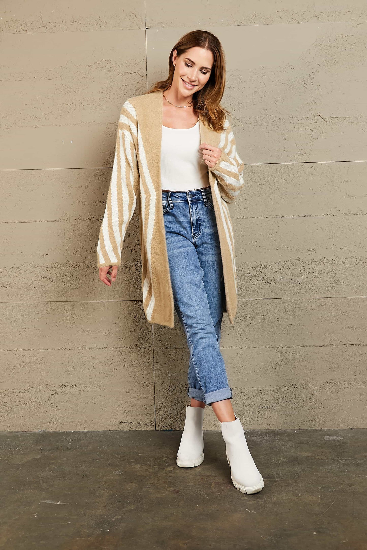 Woven Right Two-Tone Open Front Fuzzy Longline Cardigan