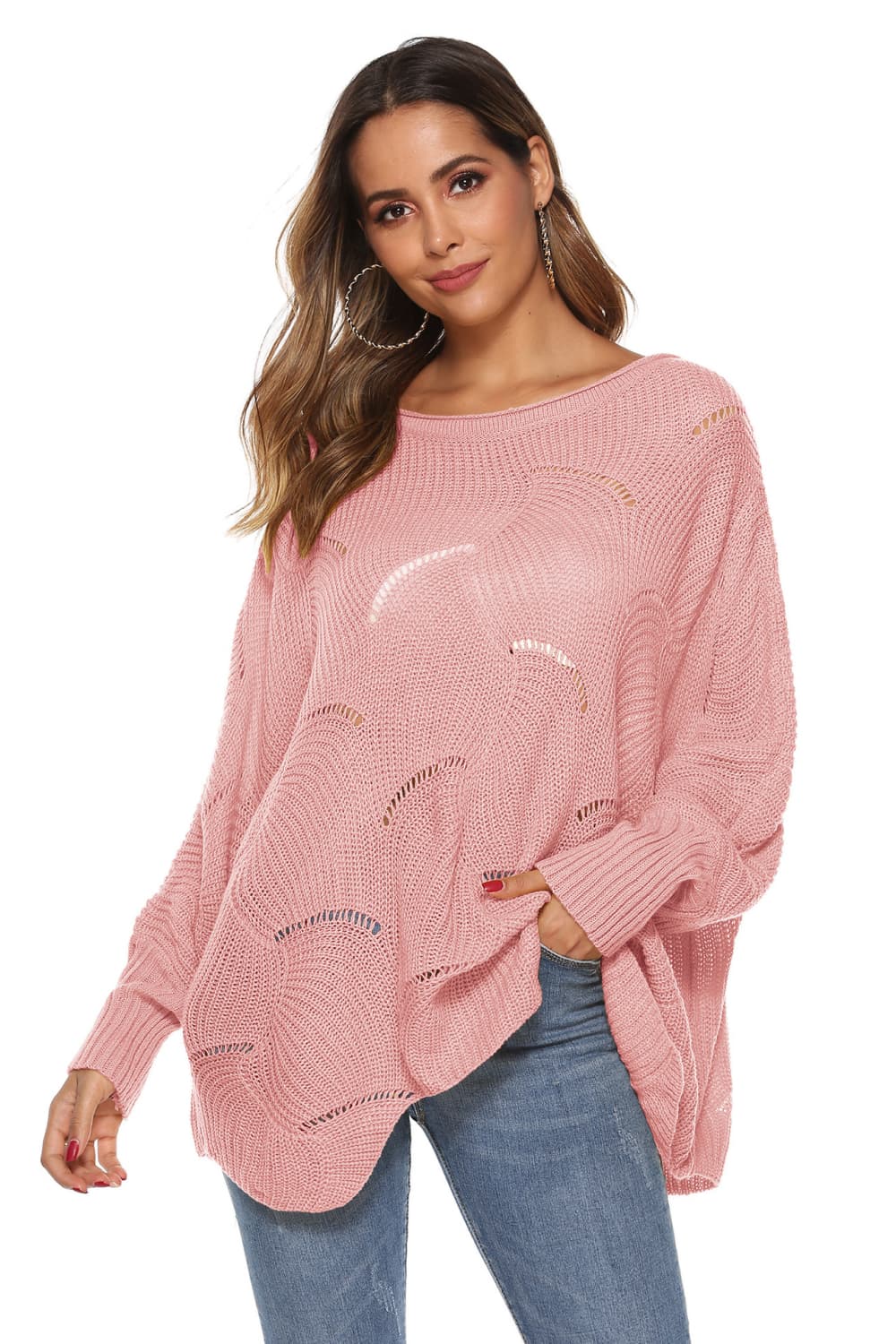 Round Neck Long Sleeve Openwork Sweater