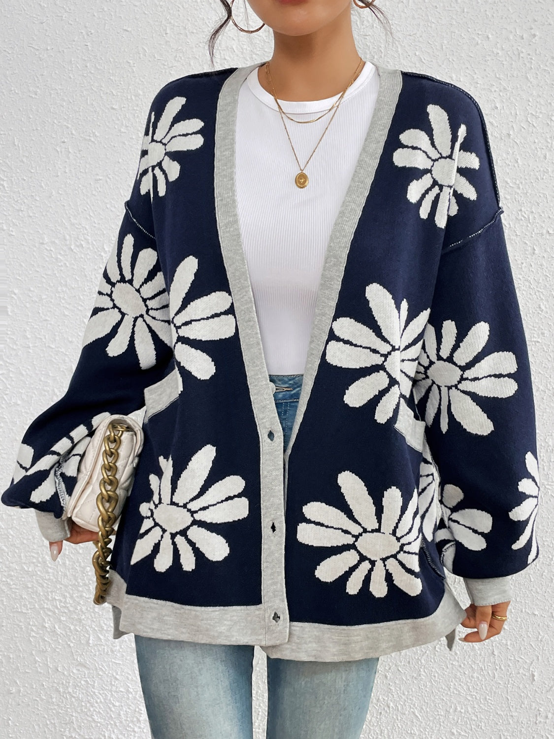 Contrast Dropped Shoulder Long Sleeve Cardigan