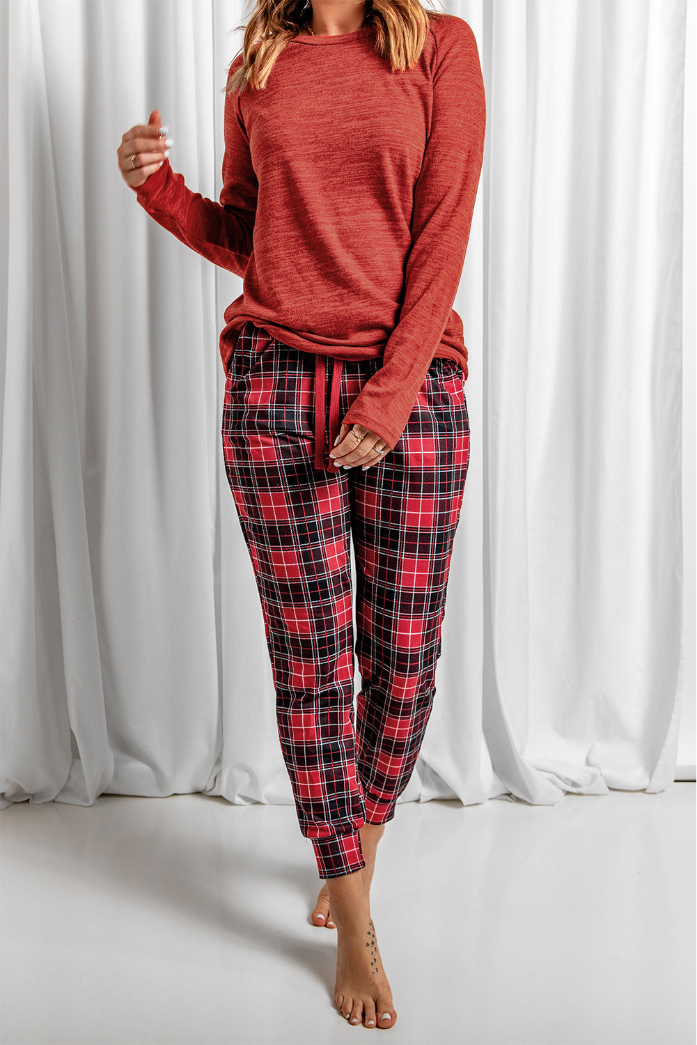 Round Neck Top and Drawstring Plaid Pants Lounge Set