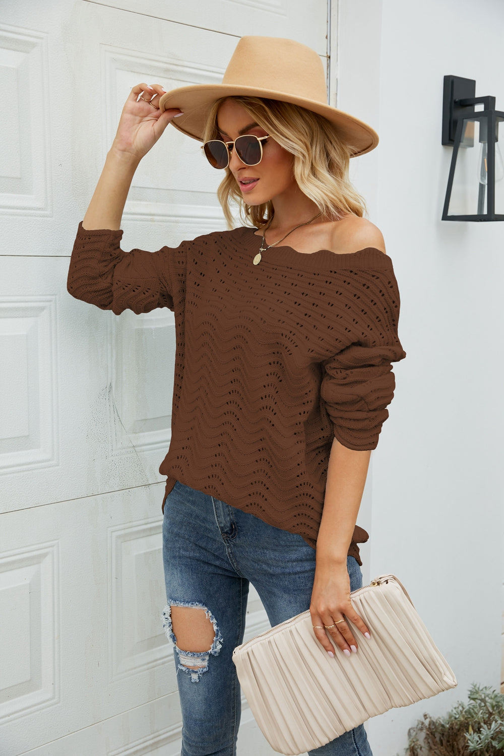 Woven Right Scalloped Boat Neck Openwork Tunic Sweater