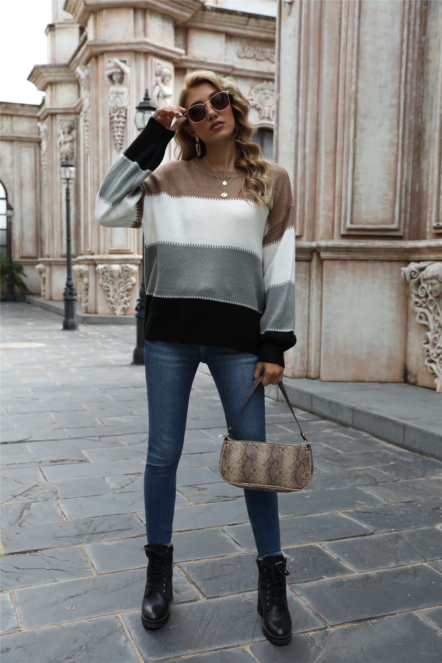 Angel Wings Color Block Round Neck Sweater