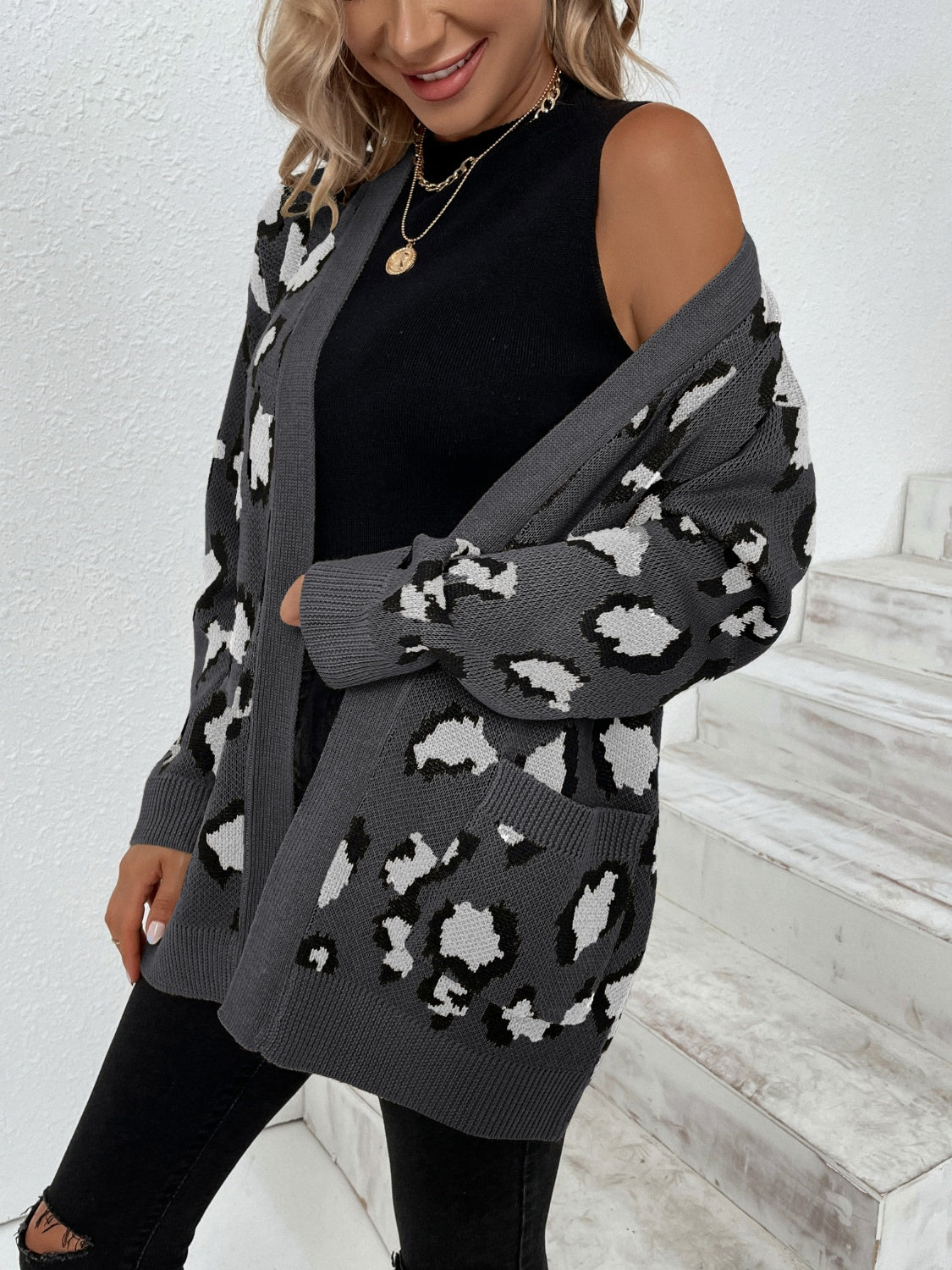 Leopard Open Front Dropped Shoulder Cardigan