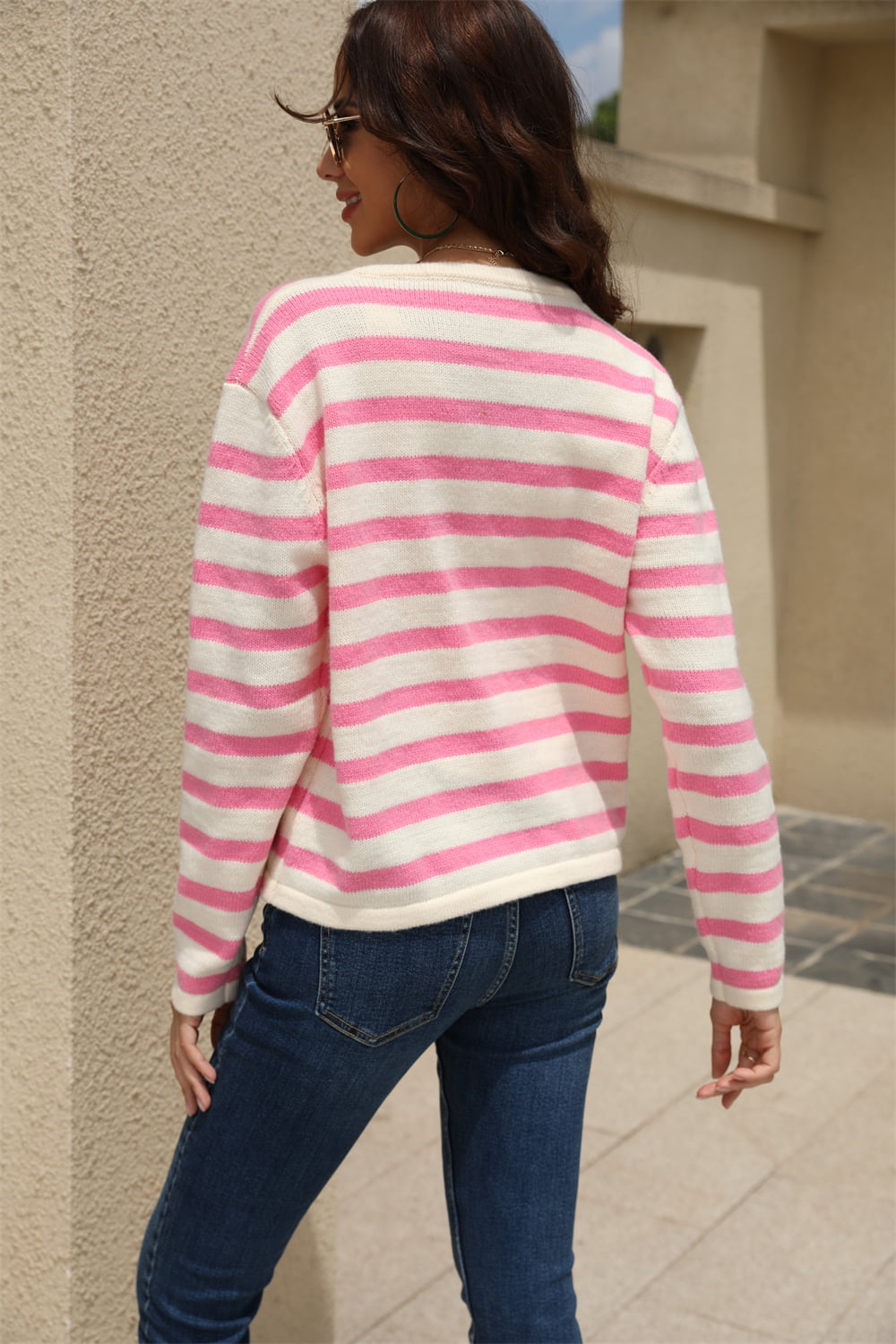 Angel Wings Striped Round Neck Button-Down Dropped Shoulder Cardigan