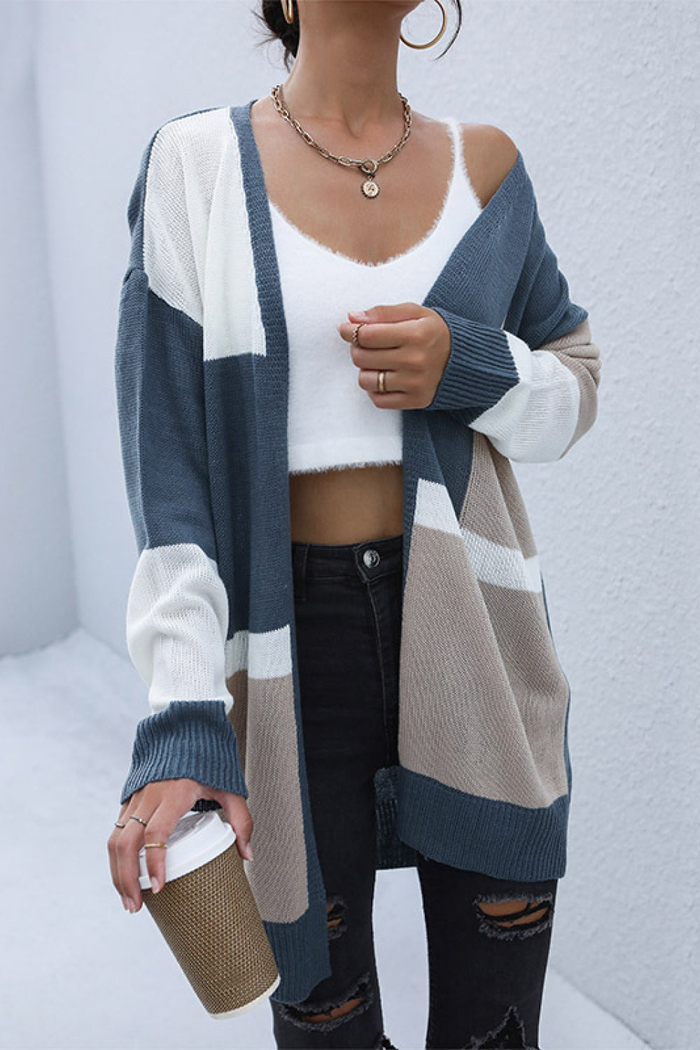 Perfee Color Block Dropped Shoulder Cardigan