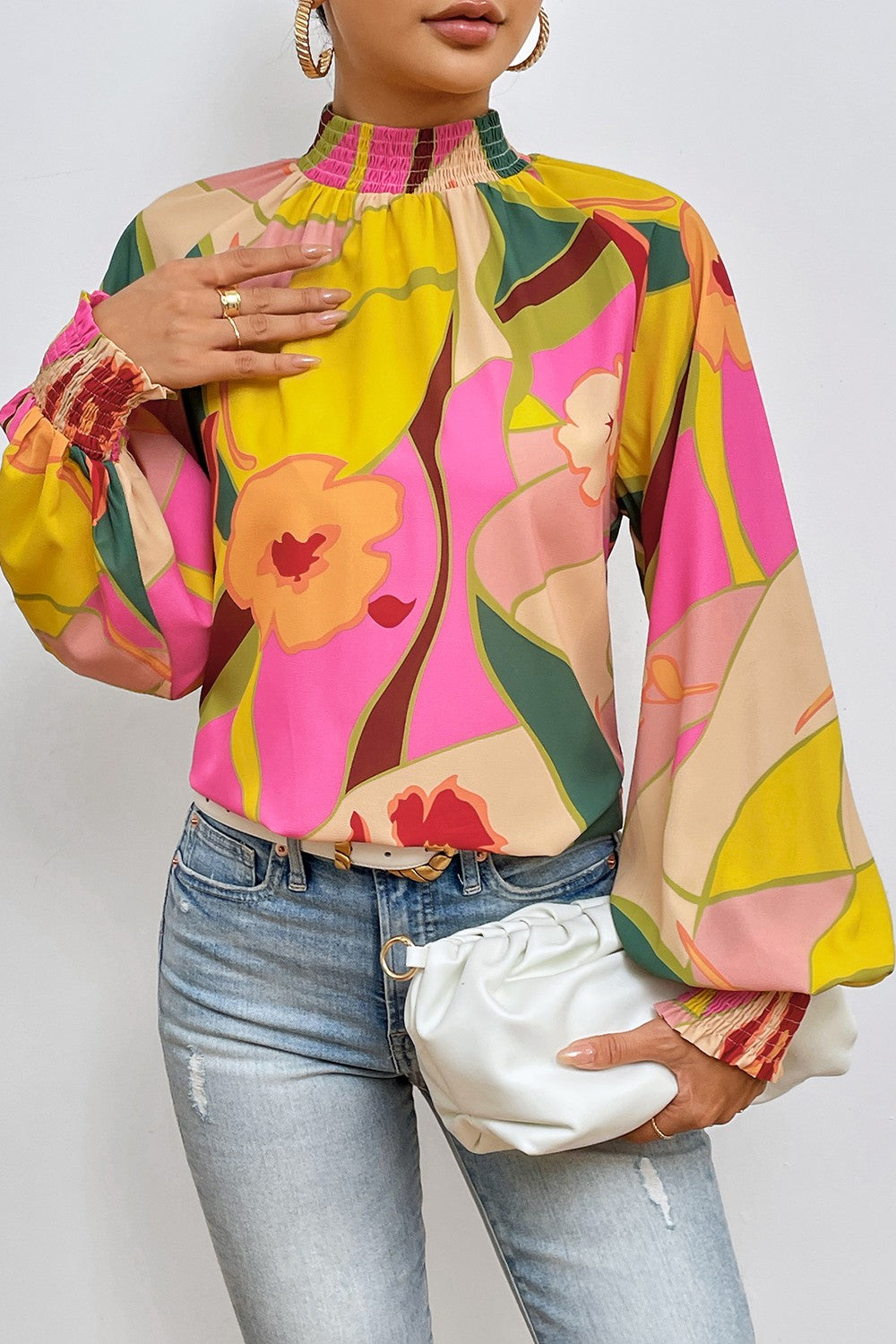 Floral Smocked Lantern Sleeve Mock Neck Blouse