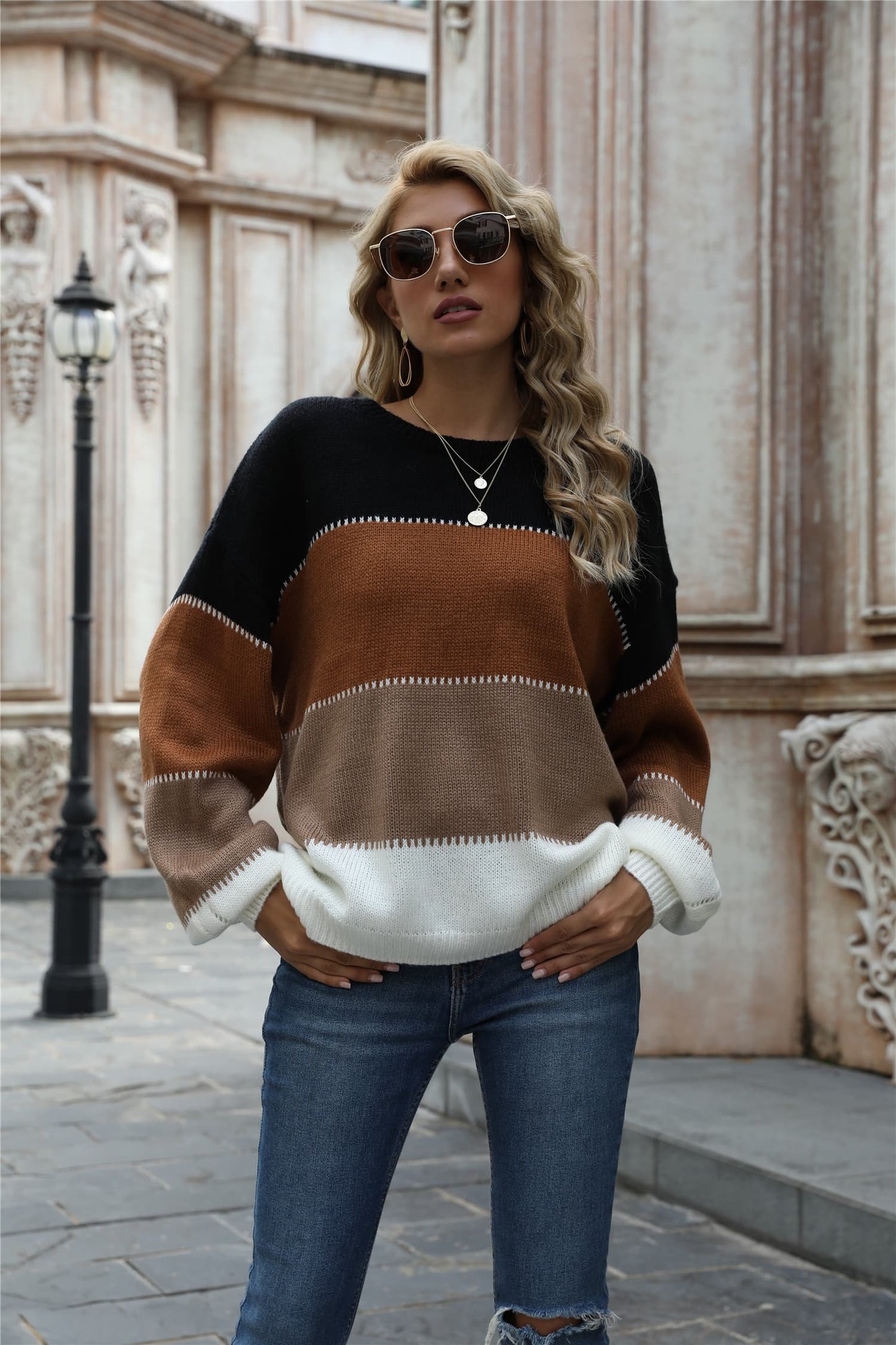 Angel Wings Color Block Round Neck Sweater