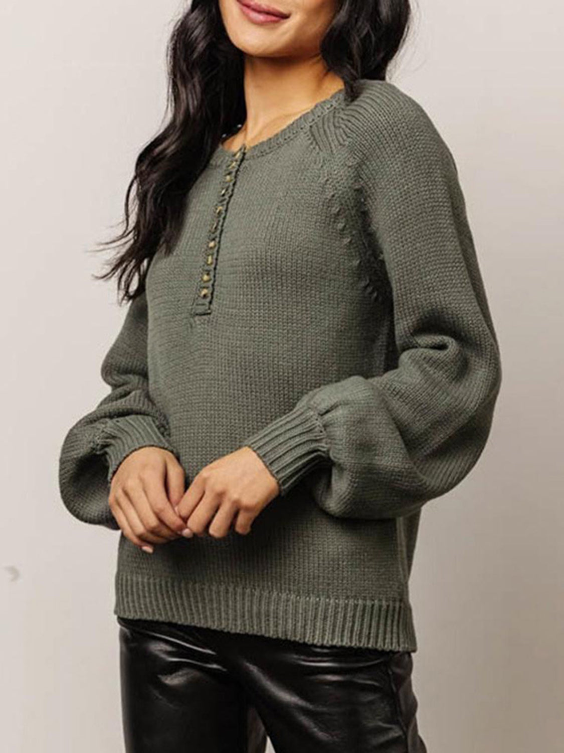 Buttoned Round Neck Long Sleeve Sweater