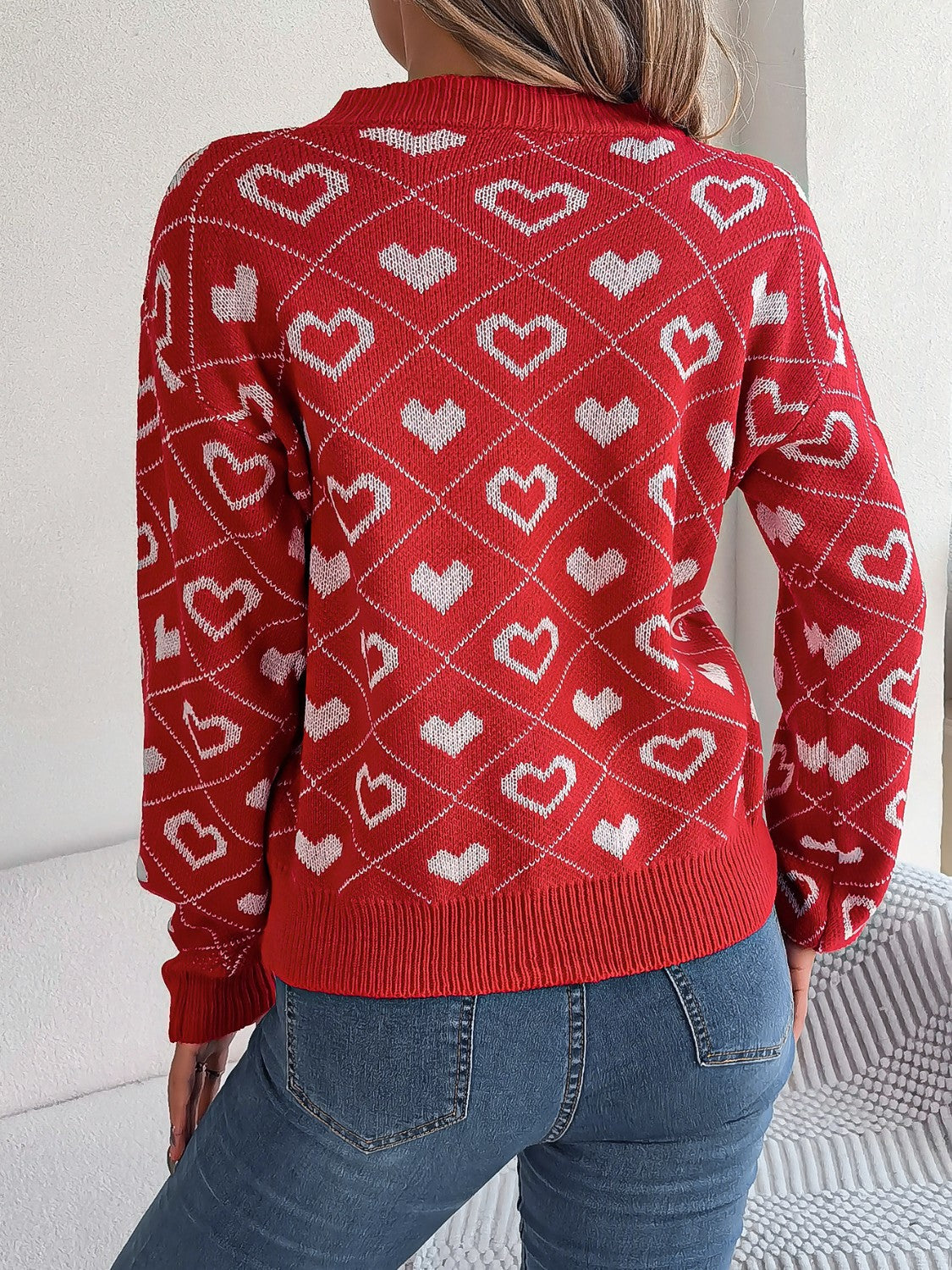 Heart Pattern V-Neck Long Sleeve Sweater