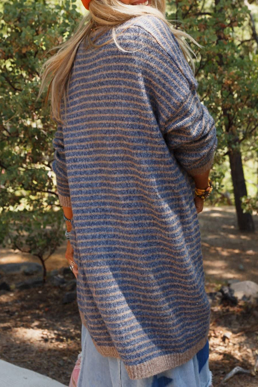 Open Front Long Sleeve Striped Cardigan