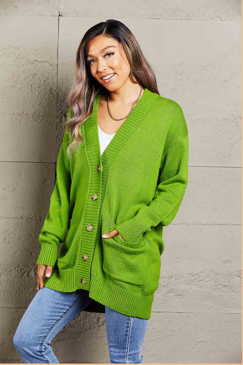 Ribbed Trim Dropped Shoulder Pocketed Cardigan