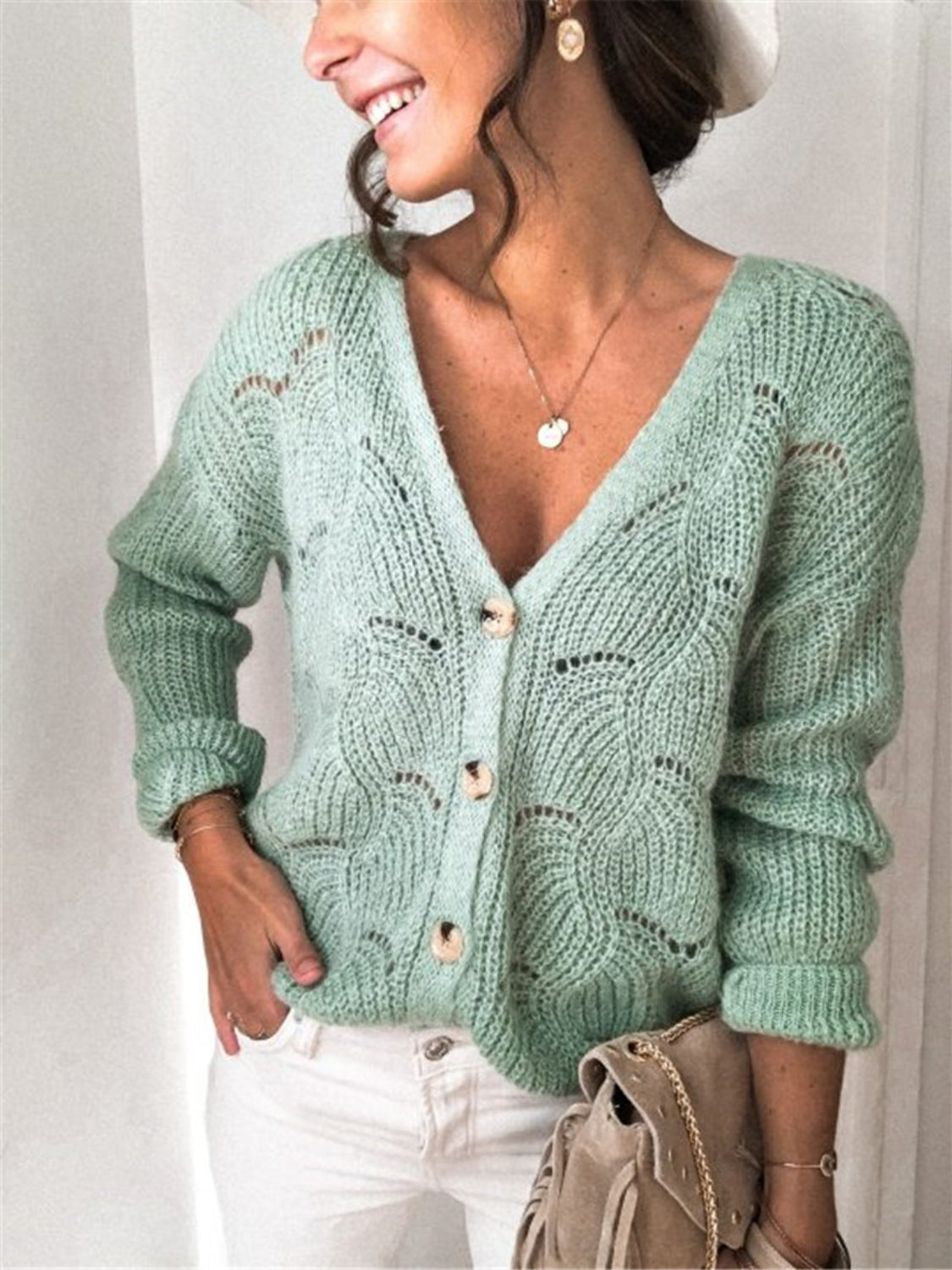 Openwork Button Up Long Sleeve Cardigan