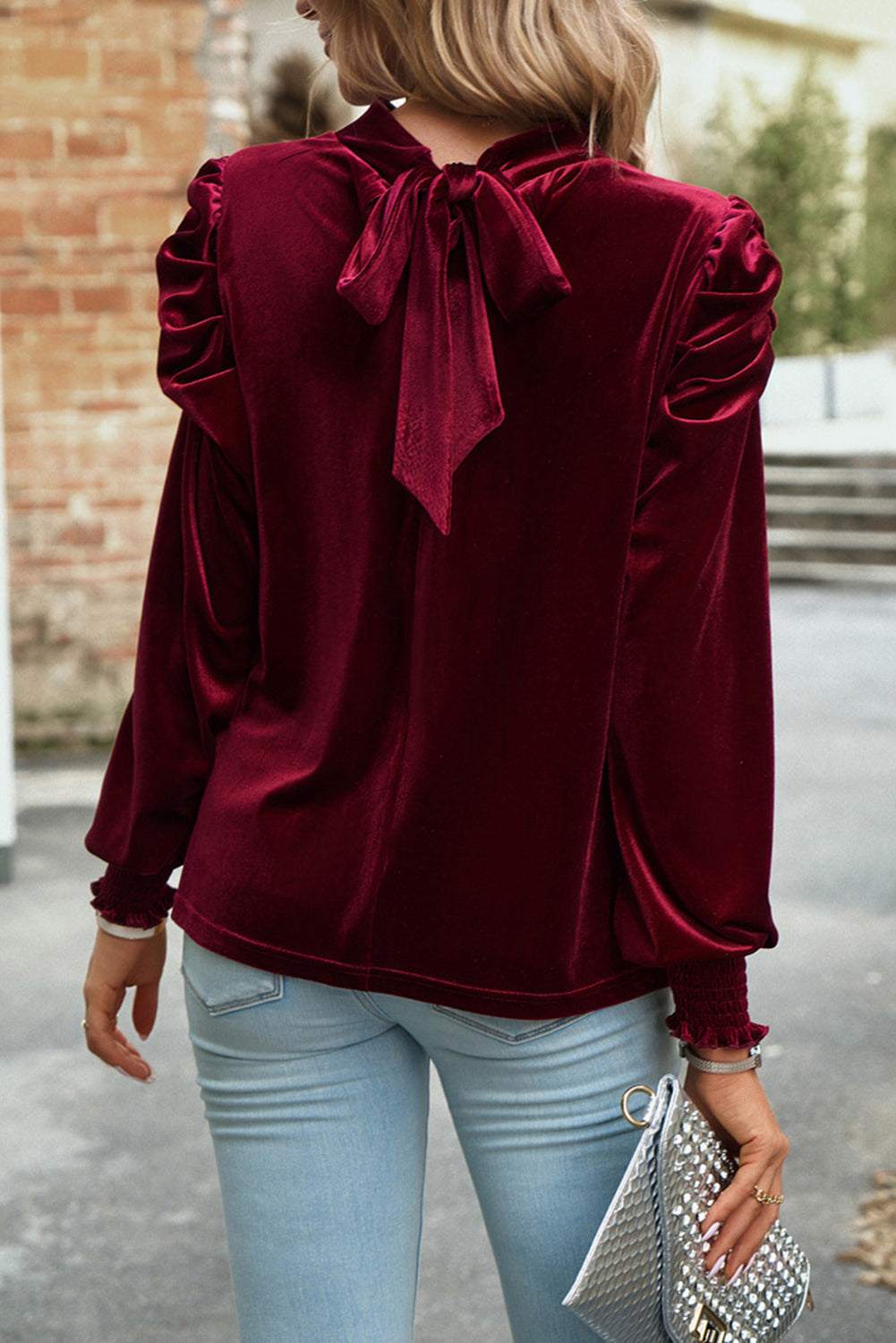 Tie Up Mock Neck Velvet Fabric Long Sleeve Blouse