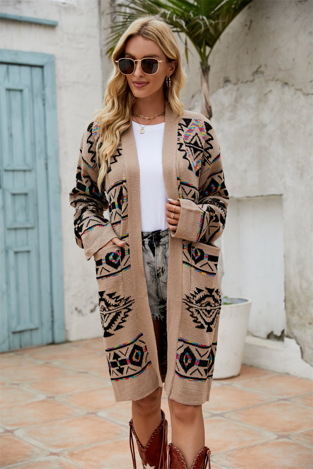 Angel Wings Printed Long Sleeve Cardigan with Pocket