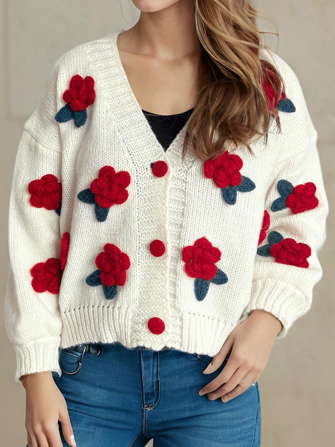 Flower Button Down V-Neck Long Sleeve Cardigan