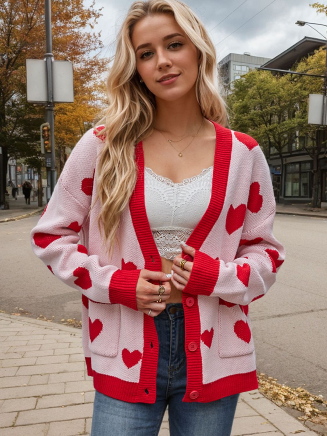 Heart Button Up Dropped Shoulder Long Sleeve Cardigan