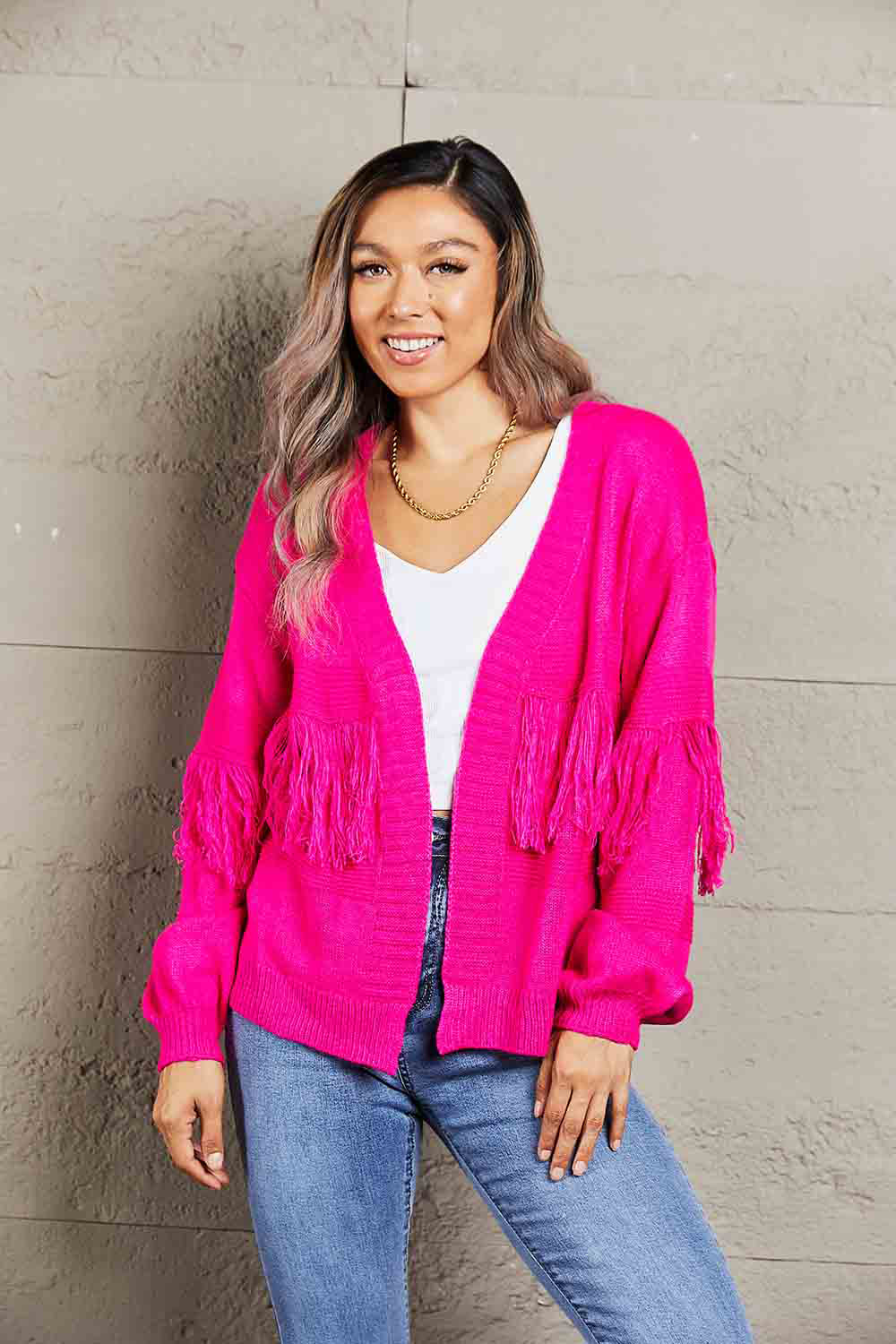 Angel Wings Fringe Trim Open Front Cardigan