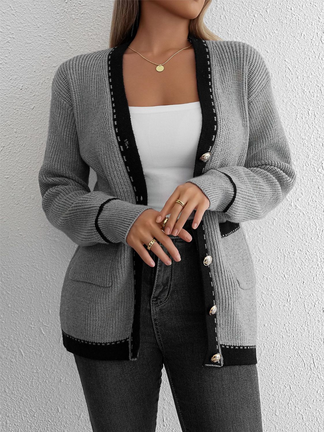 Contrast Trim Button Up Long Sleeve Cardigan