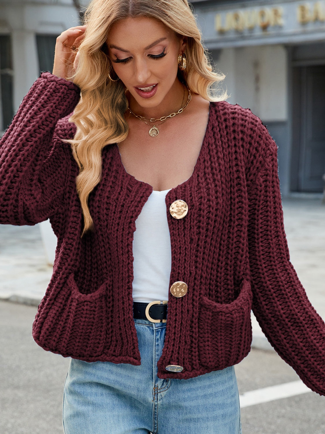 Round Neck Button Up Cardigan with Pockets