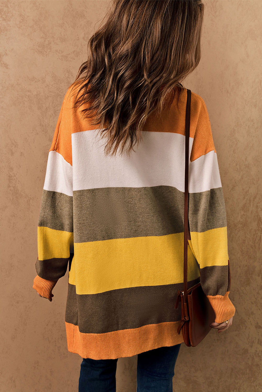 Color Block Lantern Sleeve Open Front Cardigan with Pockets