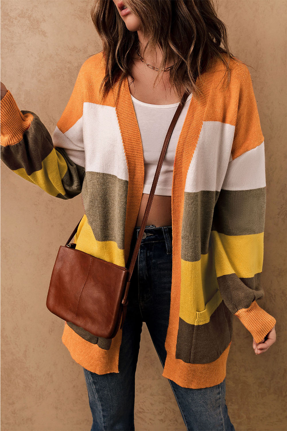 Color Block Lantern Sleeve Open Front Cardigan with Pockets