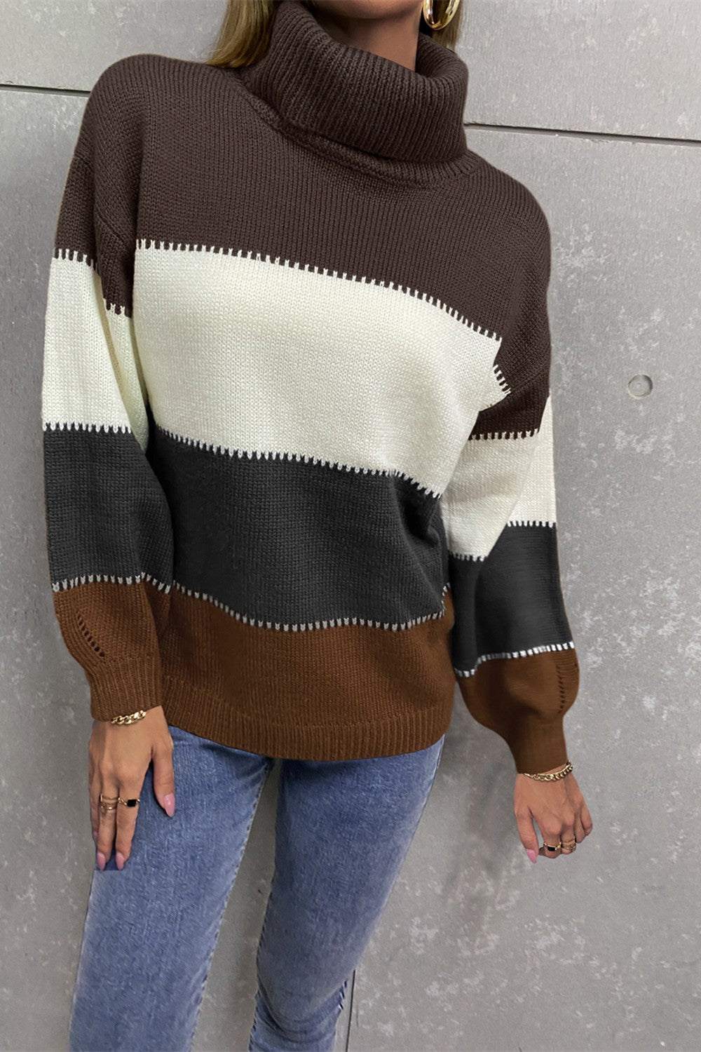 Angel Wings Color Block Lantern Sleeve Turtleneck Sweater