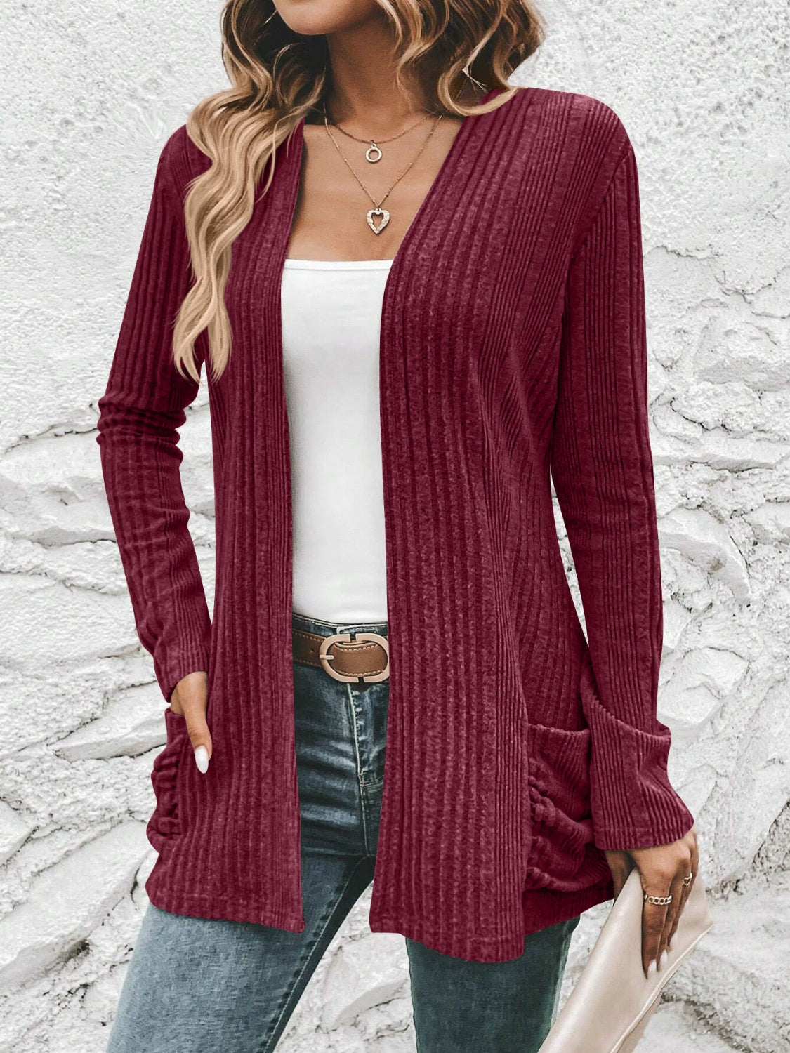 Ribbed Open Front Cardigan with Pockets