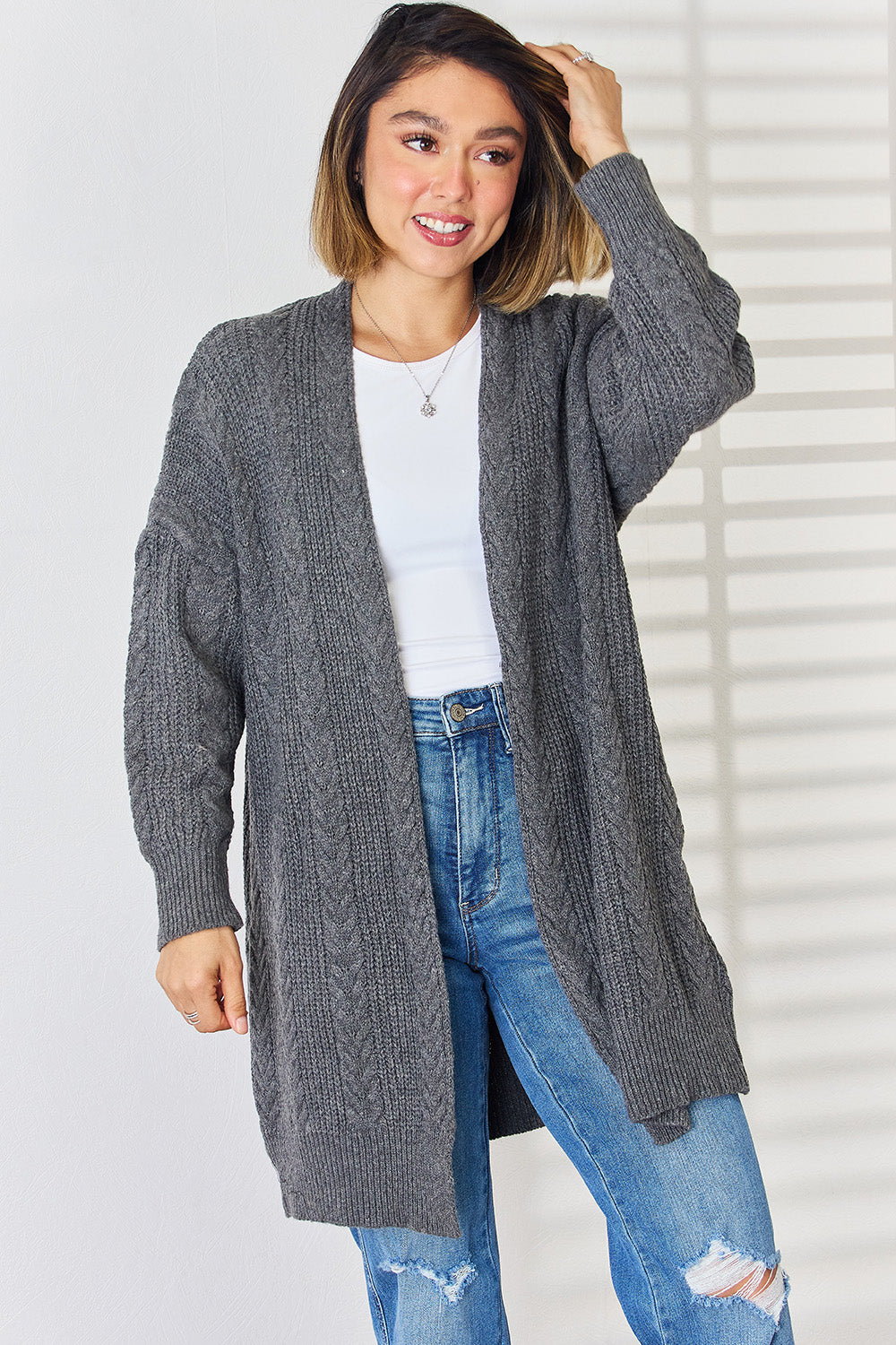 Cable-Knit Open Front Dropped Shoulder Cardigan