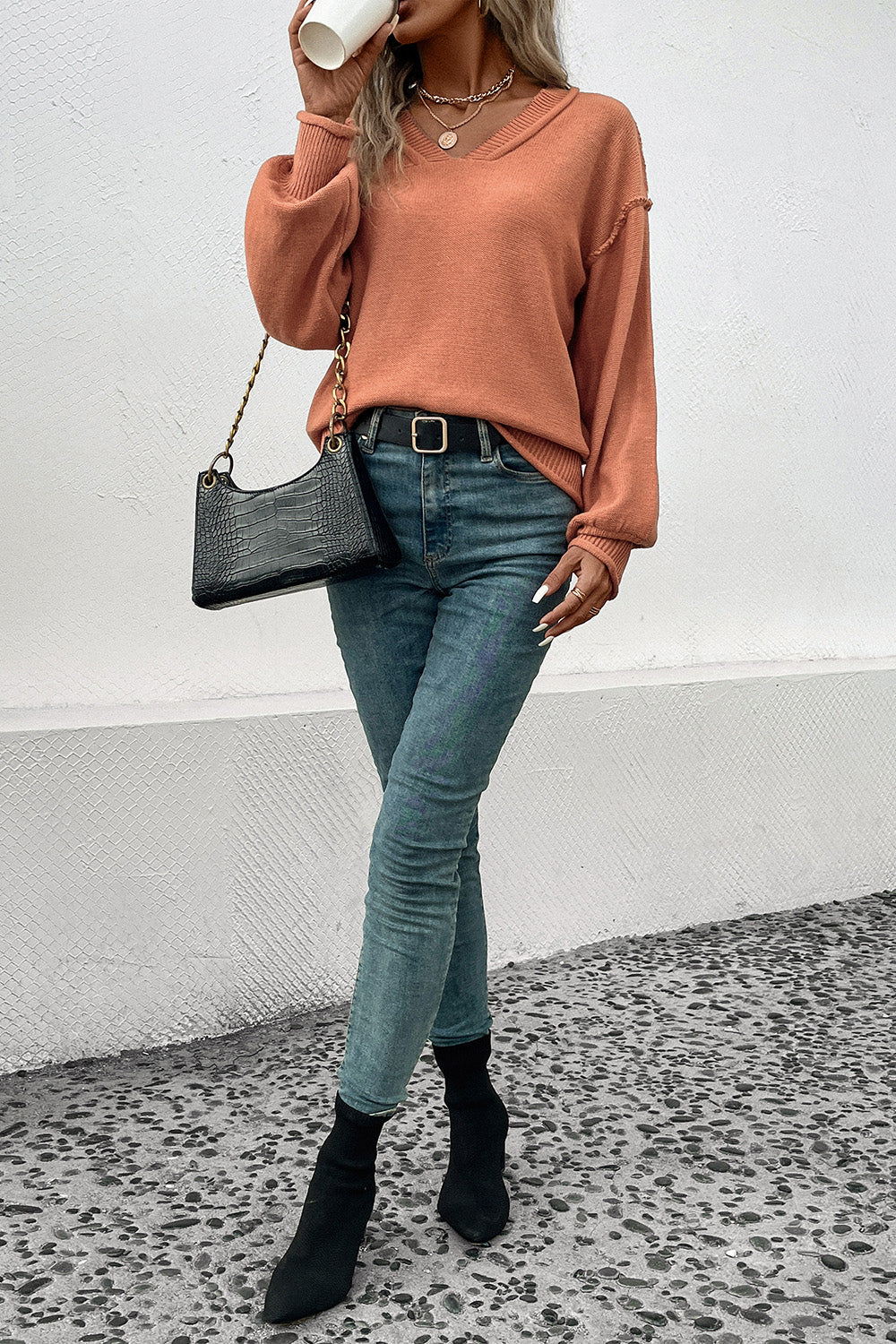 Perfee V-Neck Exposed Seam Sweater