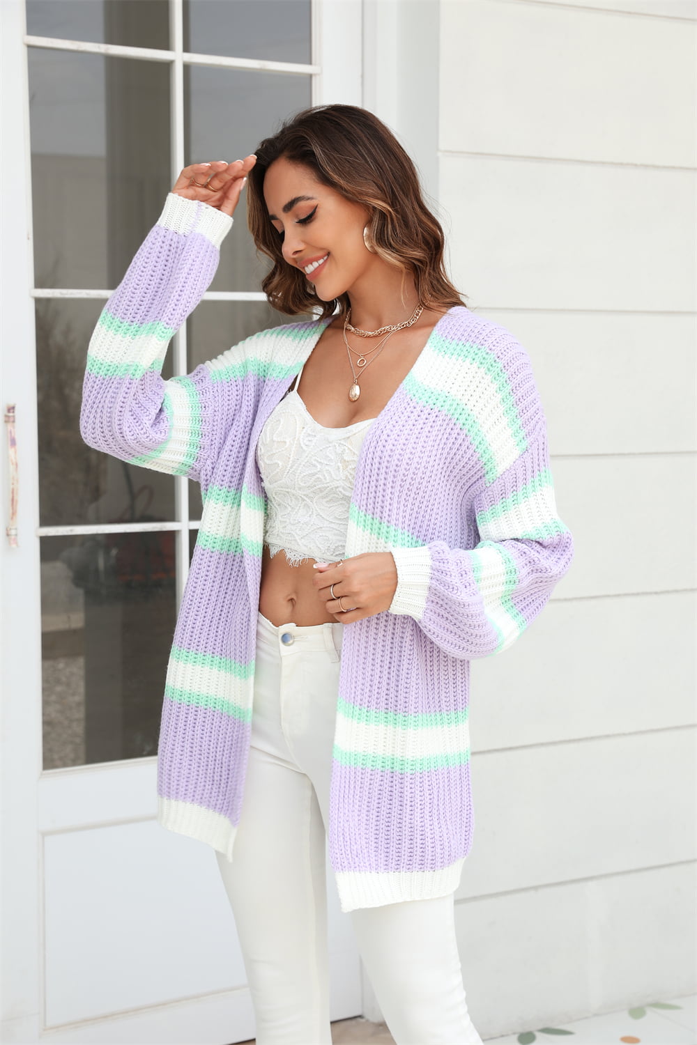 Angel Wings Color Block Ribbed Dropped Shoulder Open Front Cardigan