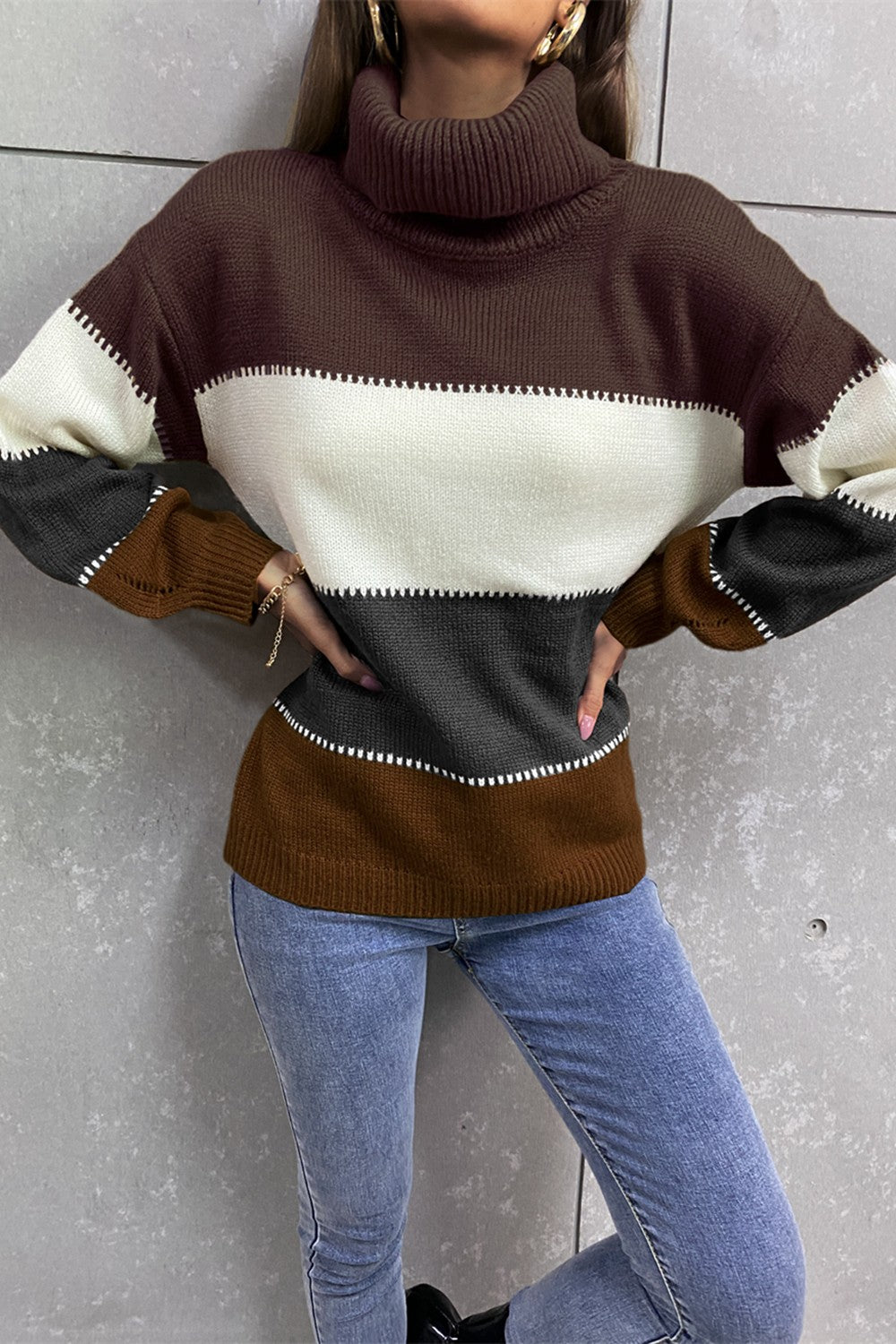 Angel Wings Color Block Lantern Sleeve Turtleneck Sweater